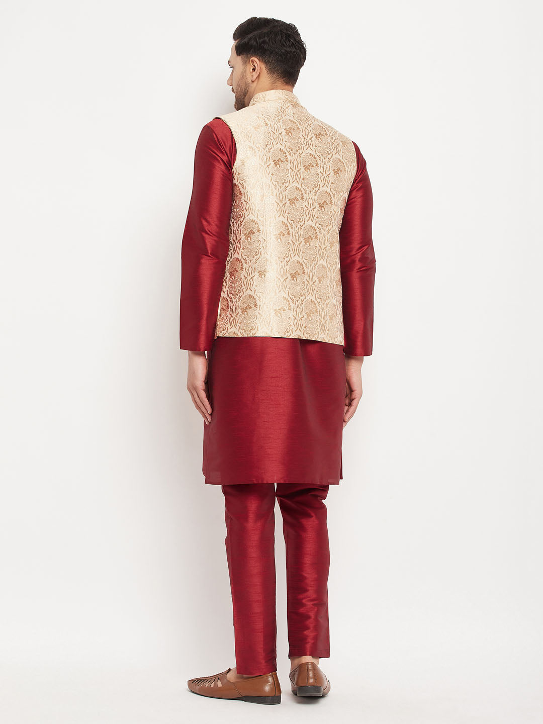 Sarvati Men's Rose Gold Jacquard Jacket With Kurta And Pant Set