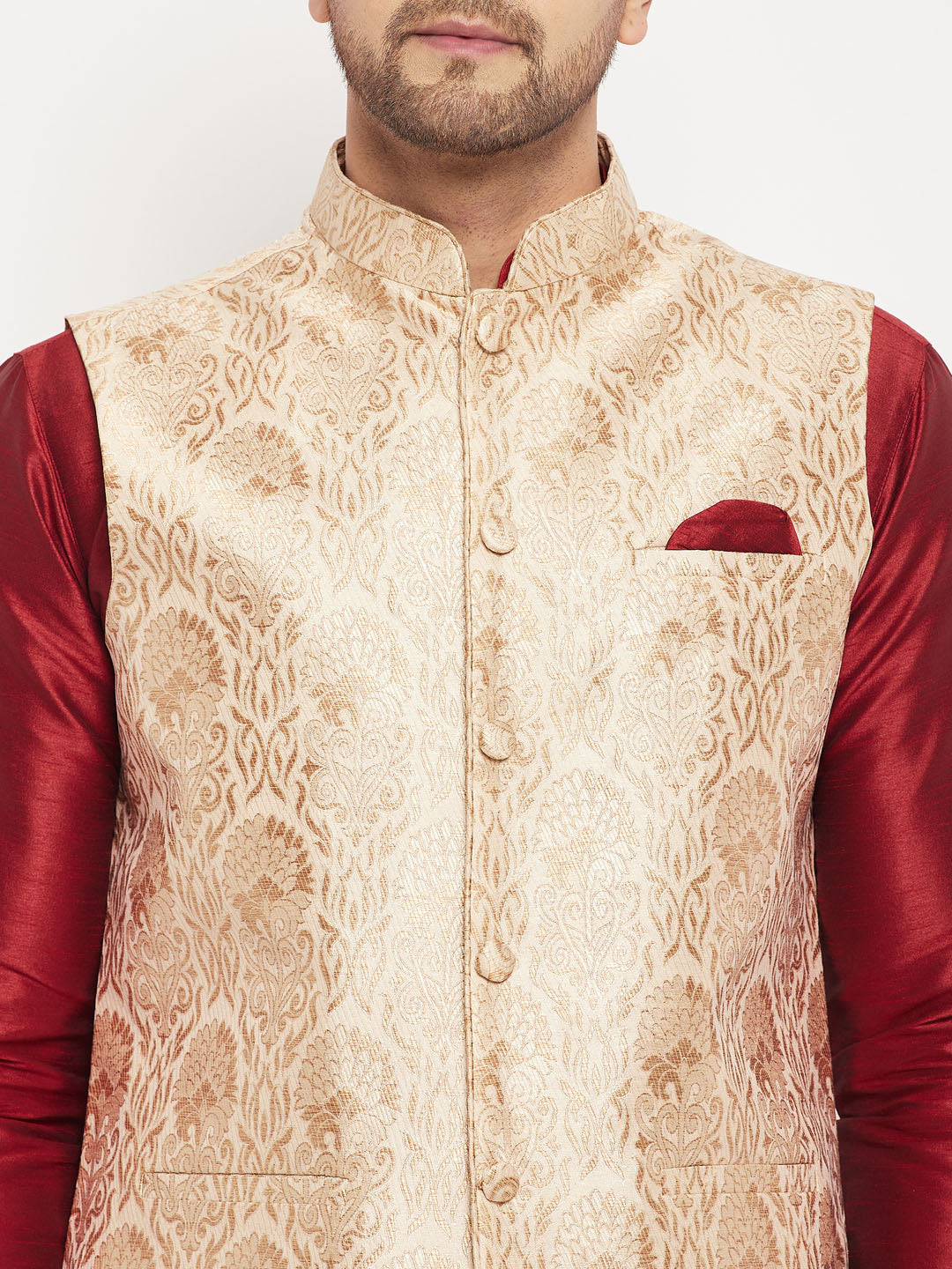 Sarvati Men's Rose Gold Jacquard Jacket With Kurta And Pant Set