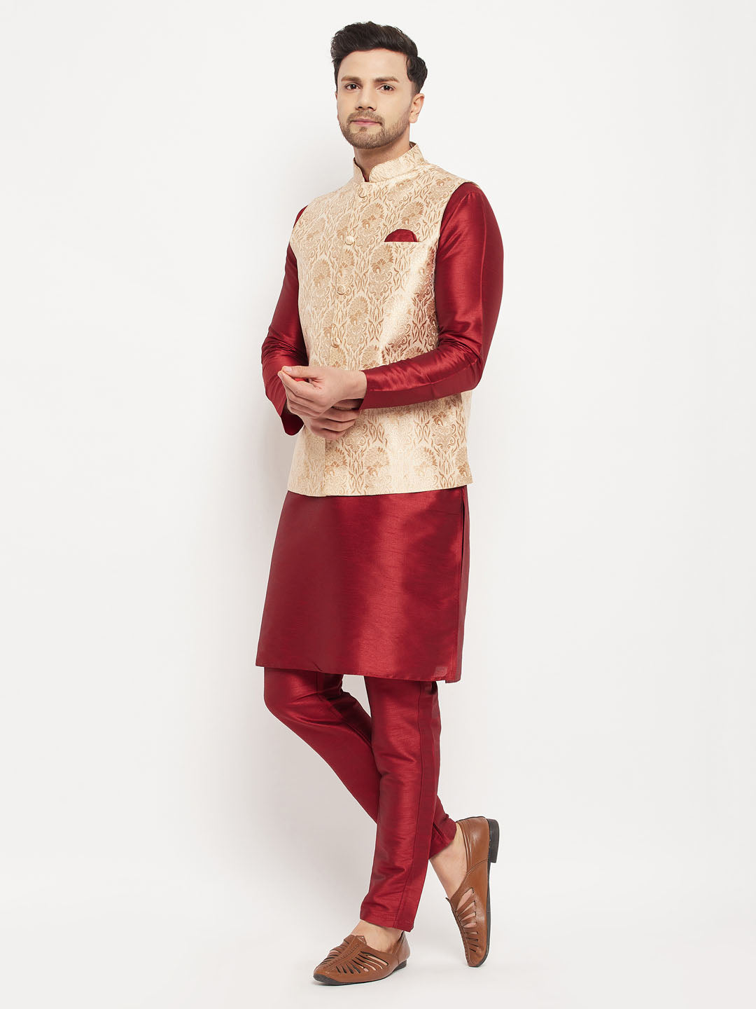 Sarvati Men's Rose Gold Jacquard Jacket With Kurta And Pant Set