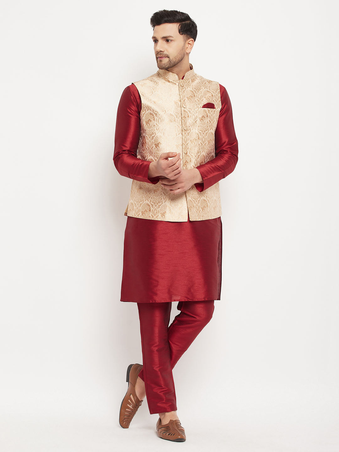 Sarvati Men's Rose Gold Jacquard Jacket With Kurta And Pant Set