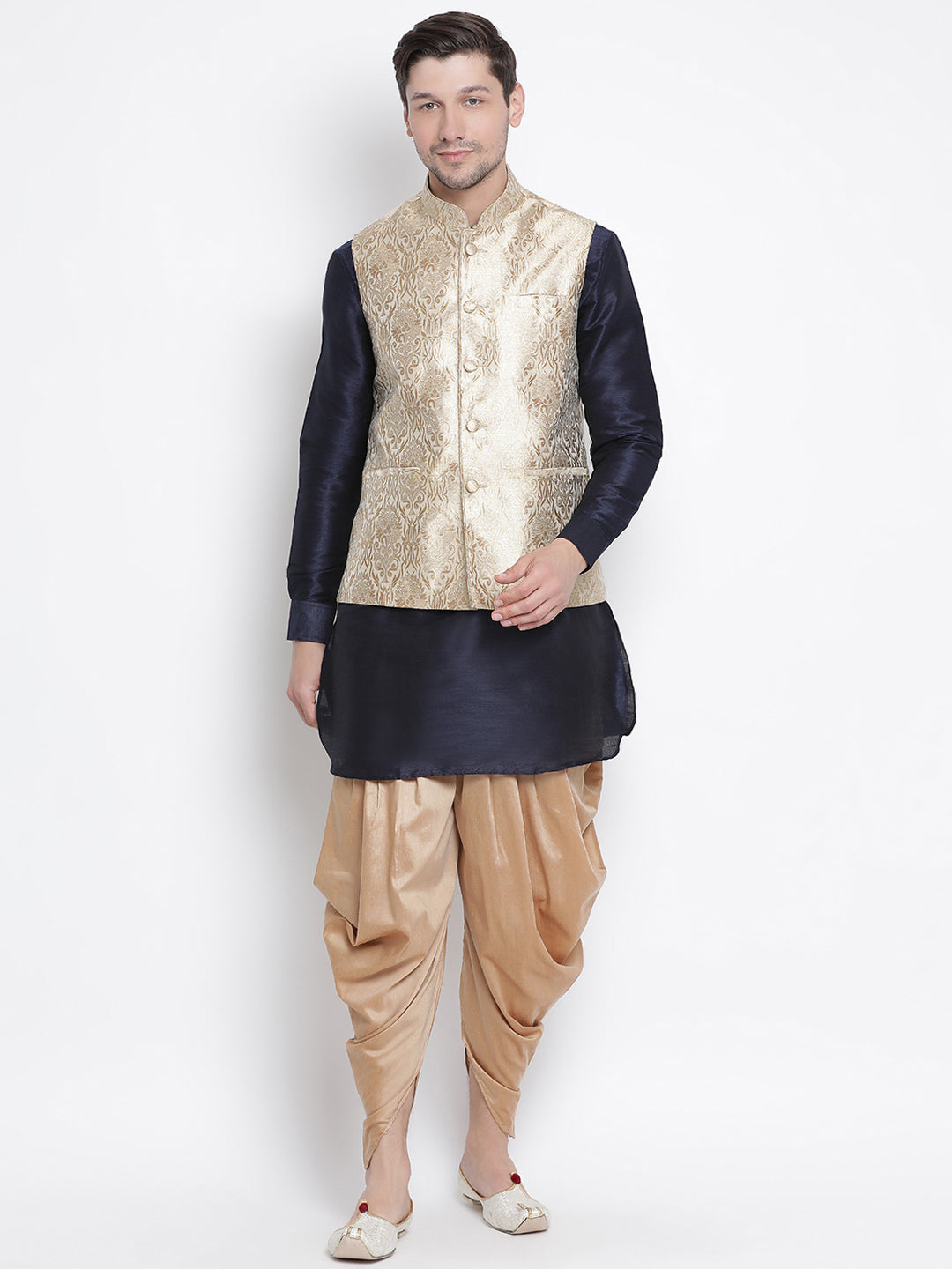 Sarvati Men's Navy Blue Jacquard Jacket With Kurta Dhoti Set