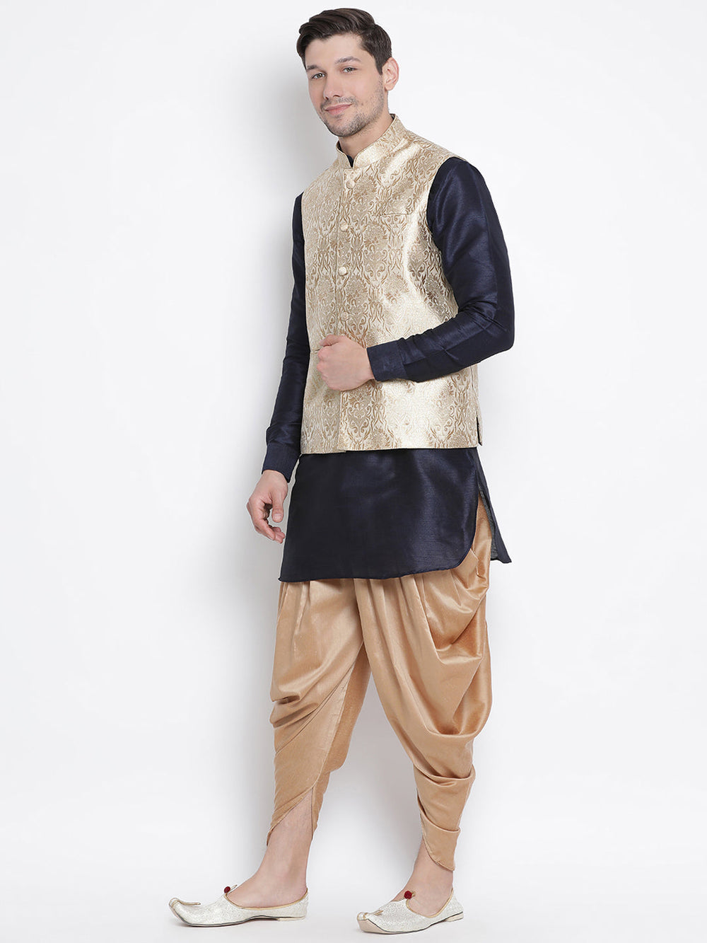 Sarvati Men's Navy Blue Jacquard Jacket With Kurta Dhoti Set