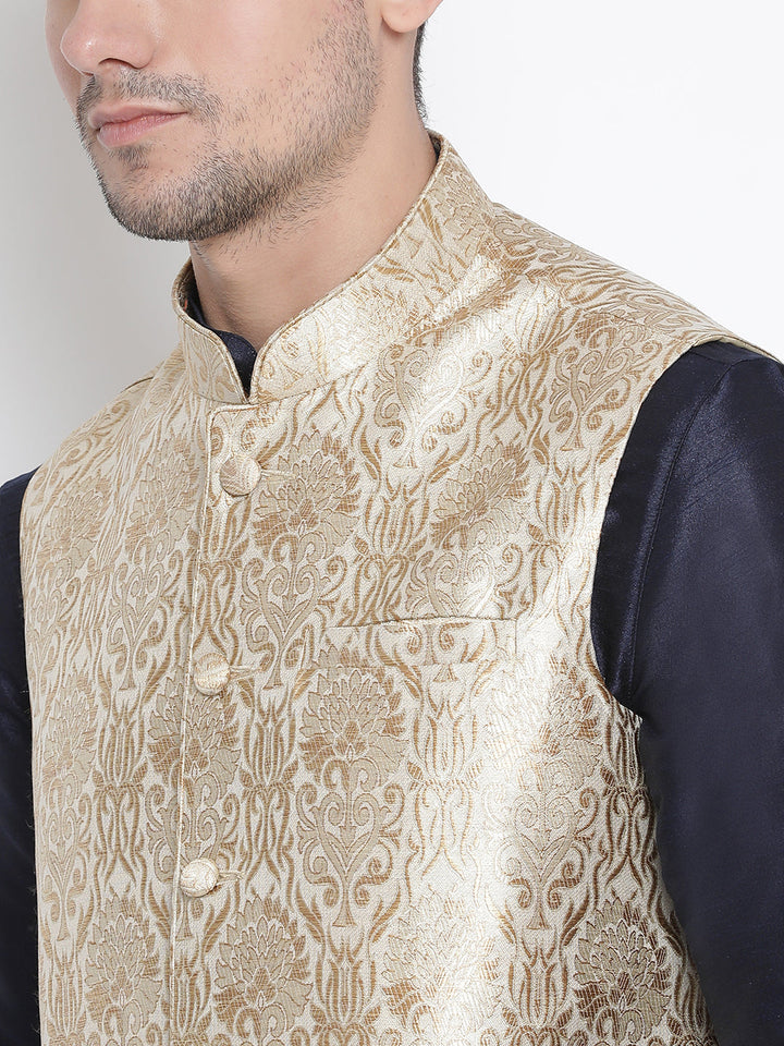 Sarvati Men's Navy Blue Jacquard Jacket With Kurta Dhoti Set