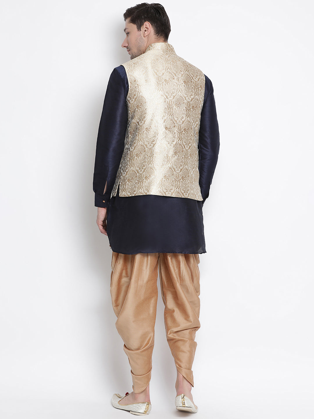 Sarvati Men's Navy Blue Jacquard Jacket With Kurta Dhoti Set