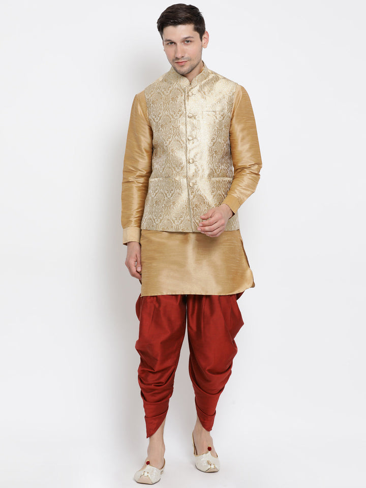 Sarvati Men's Rose Gold Jacquard Jacket With Kurta Dhoti Set