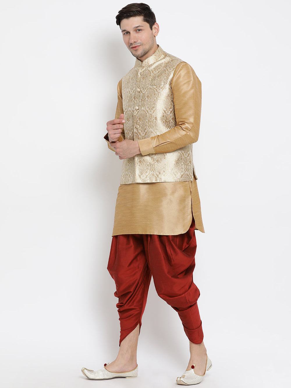 Sarvati Men's Rose Gold Jacquard Jacket With Kurta Dhoti Set