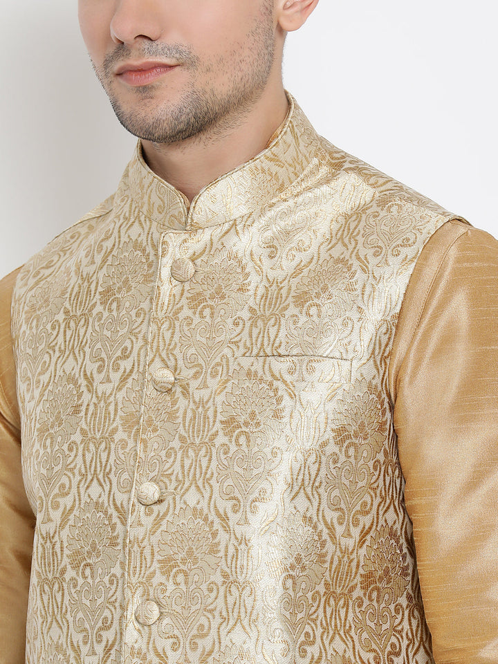 Sarvati Men's Rose Gold Jacquard Jacket With Kurta Dhoti Set