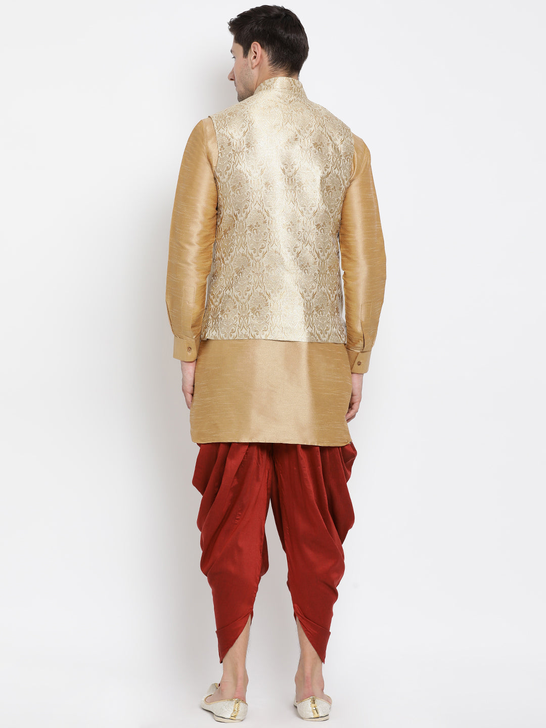 Sarvati Men's Rose Gold Jacquard Jacket With Kurta Dhoti Set