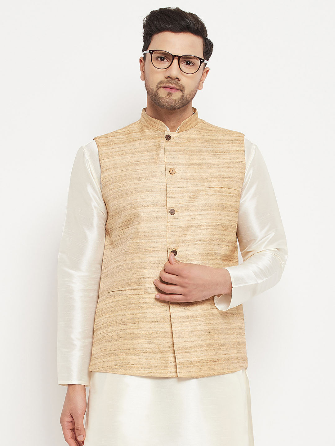 Men's Beige Silk Blend Nehru Jacket