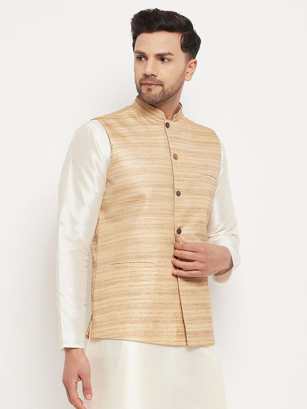 Men's Beige Silk Blend Nehru Jacket