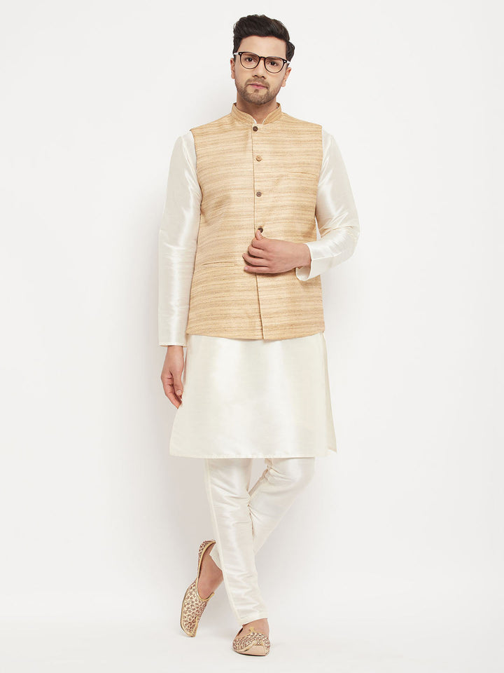 Sarvati Men's Beige Matka Silk Nehru Jacket With Cream Silk Blend Kurta and Pant style Pyjama Set