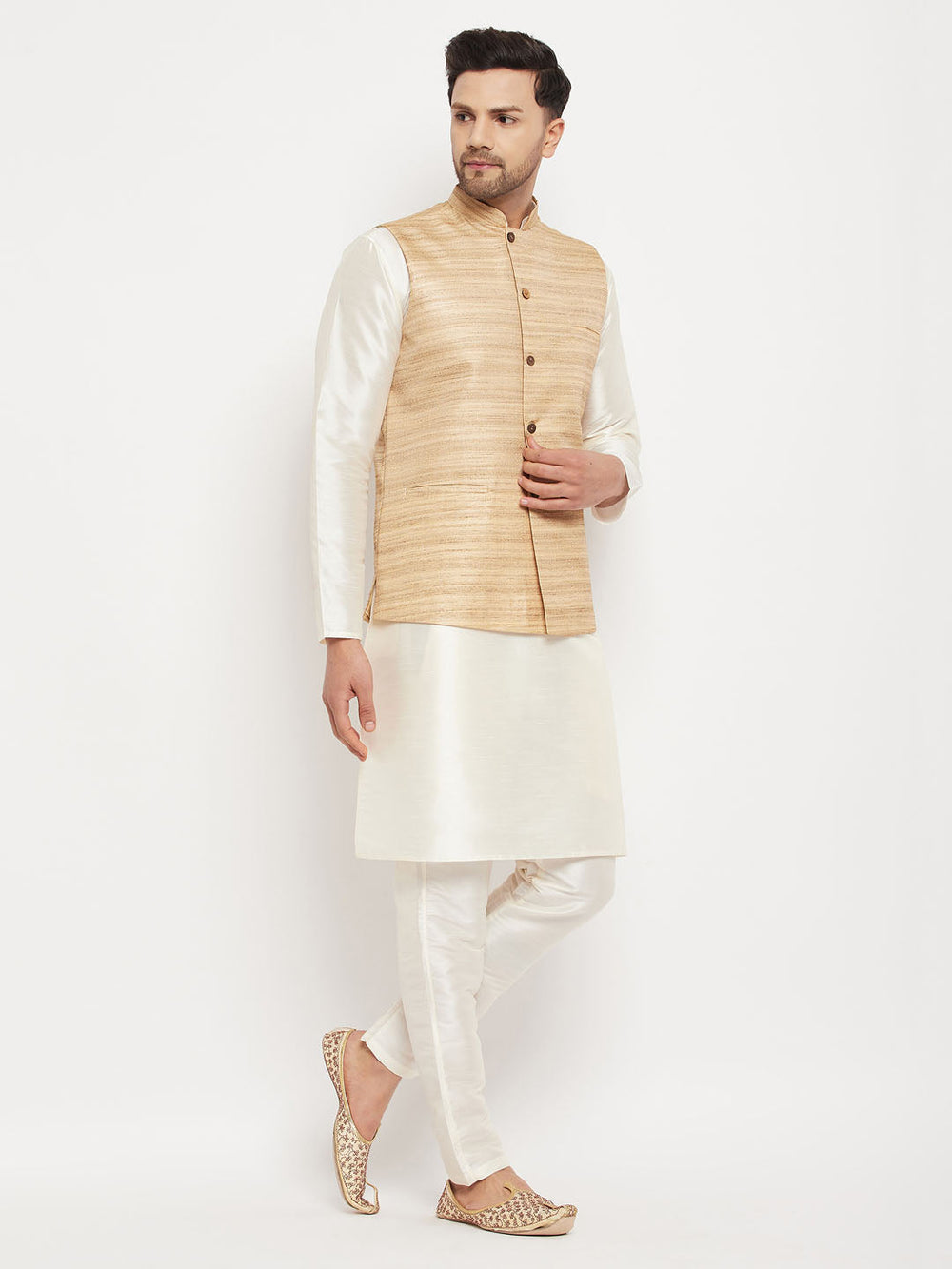 Sarvati Men's Beige Matka Silk Nehru Jacket With Cream Silk Blend Kurta and Pant style Pyjama Set