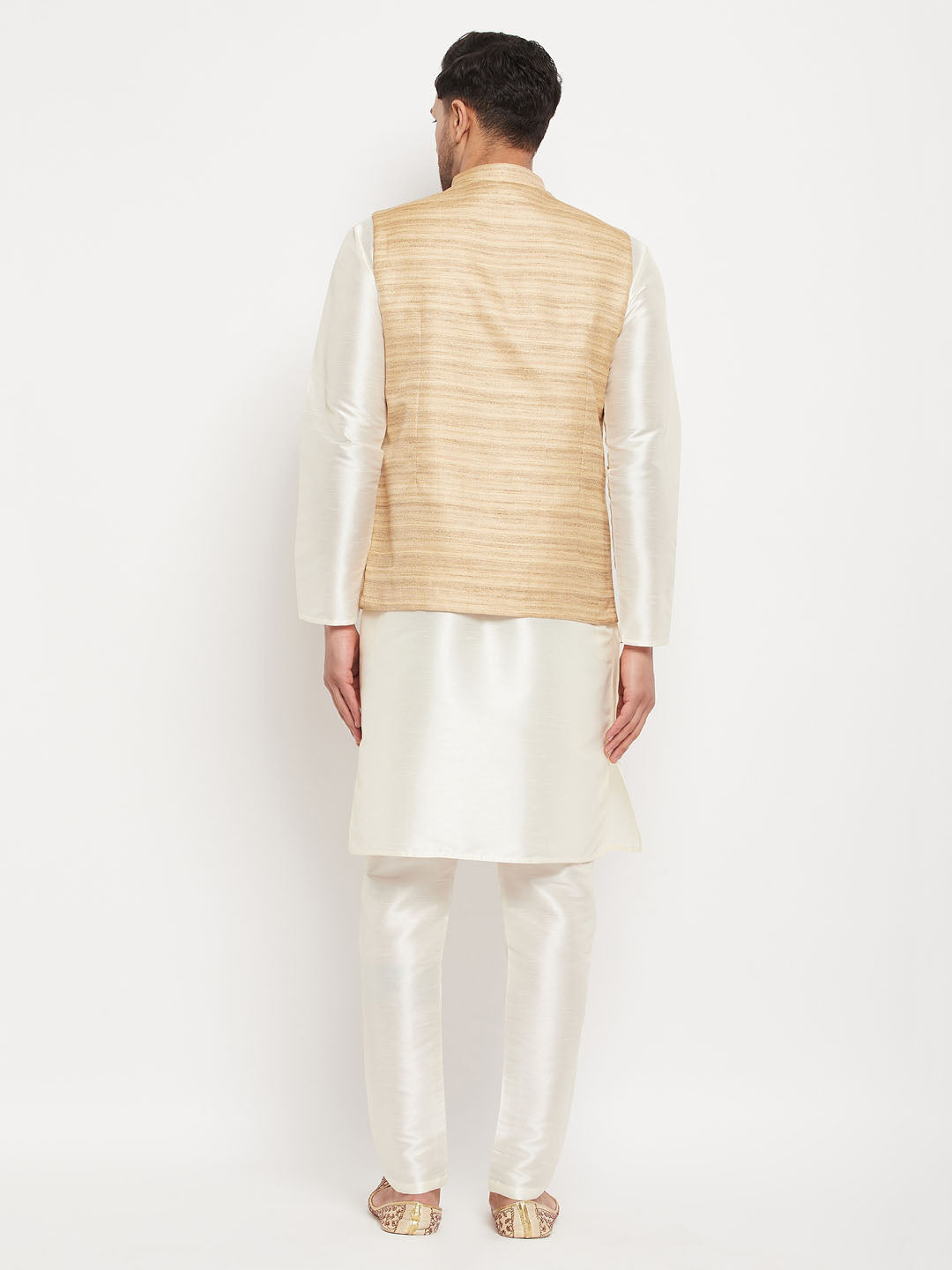 Sarvati Men's Beige Matka Silk Nehru Jacket With Cream Silk Blend Kurta and Pant style Pyjama Set