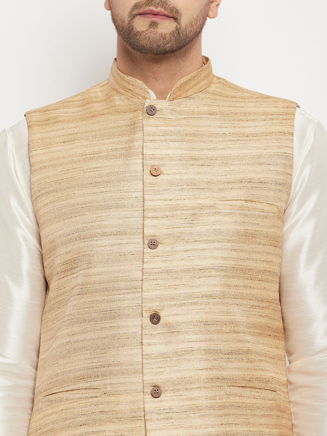 Sarvati Men's Beige Matka Silk Nehru Jacket With Cream Silk Blend Kurta and Pant style Pyjama Set