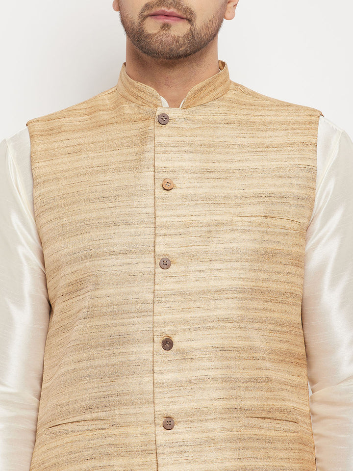 Sarvati Men's Beige Matka Silk Nehru Jacket With Cream Silk Blend Kurta and Pant style Pyjama Set