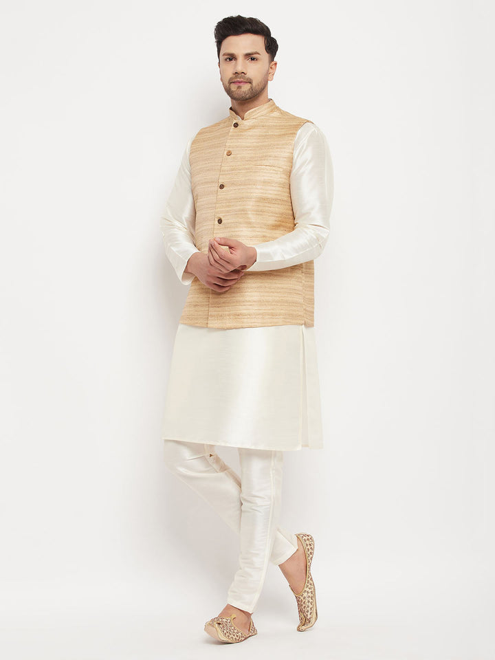 Sarvati Men's Beige Matka Silk Nehru Jacket With Cream Silk Blend Kurta and Pant style Pyjama Set