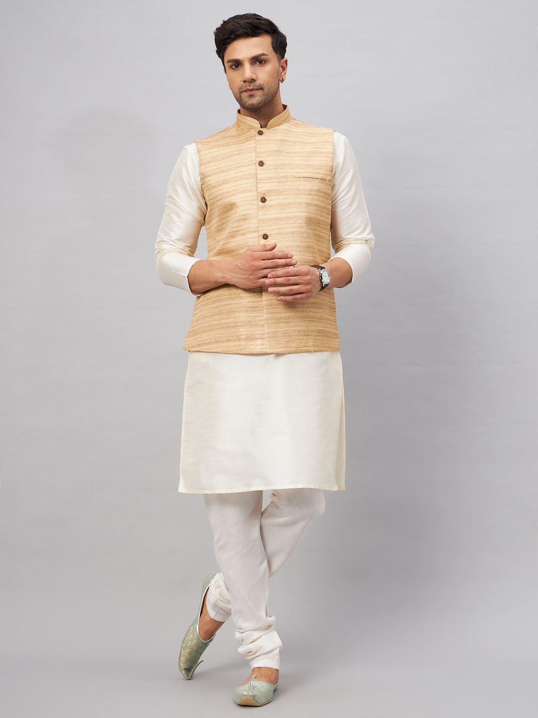 Sarvati Men's Beige Matka Silk Nehru Jacket With Cream Silk Blend Kurta Pyjama Set