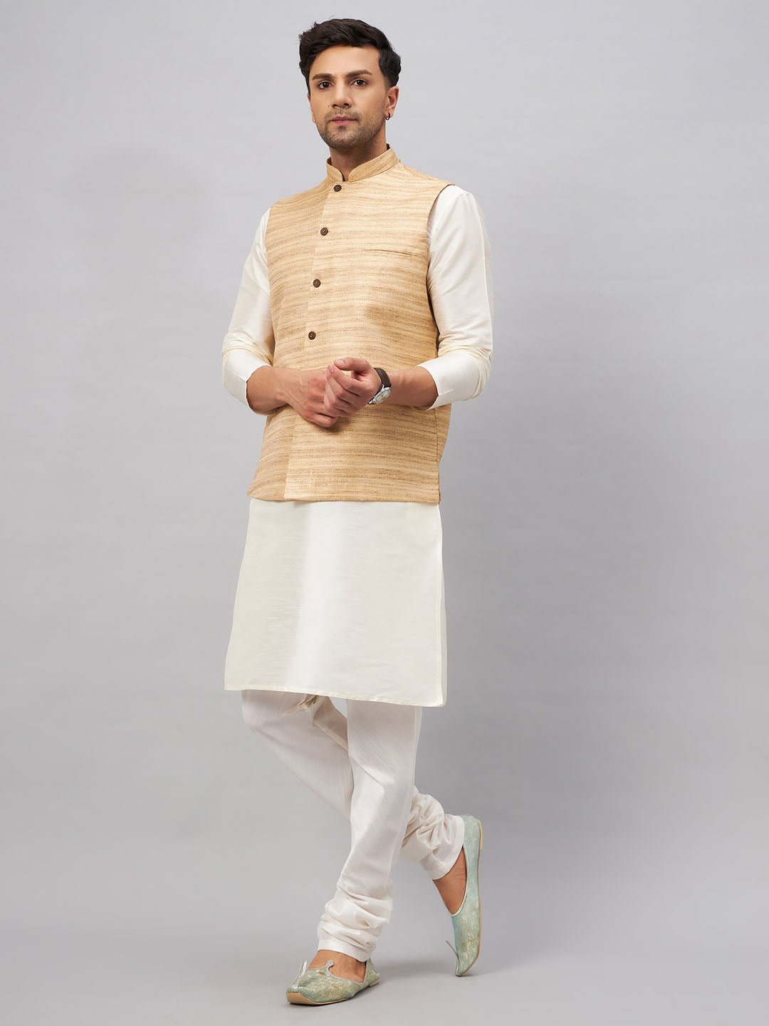 Sarvati Men's Beige Matka Silk Nehru Jacket With Cream Silk Blend Kurta Pyjama Set