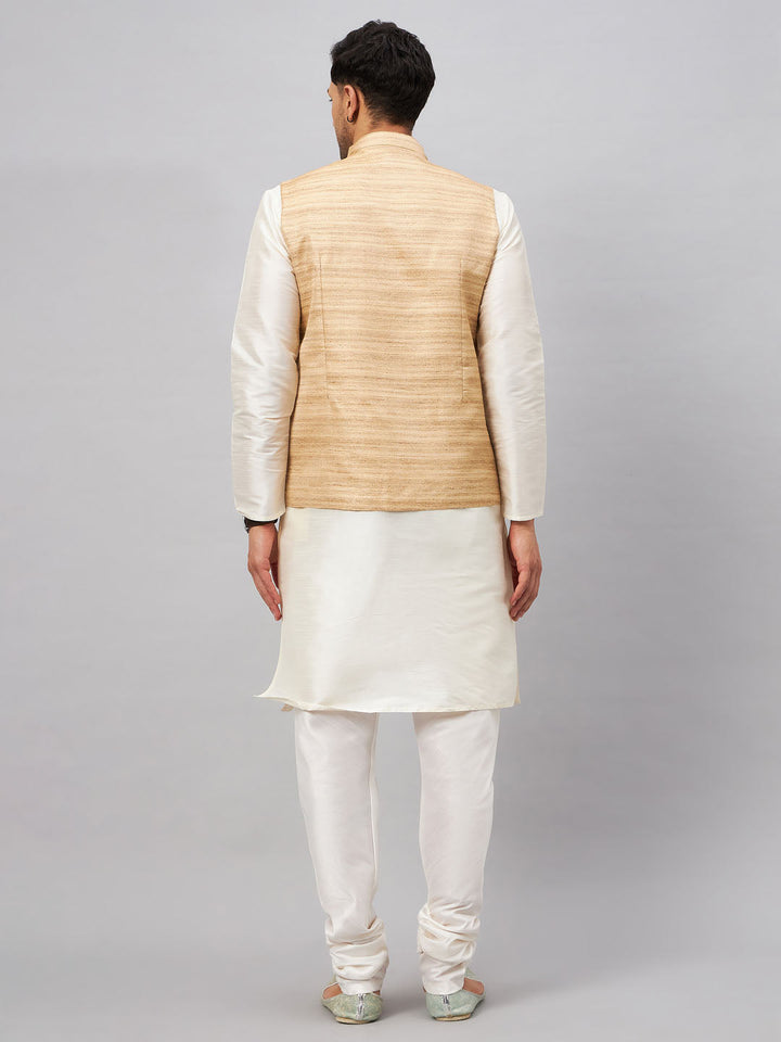 Sarvati Men's Beige Matka Silk Nehru Jacket With Cream Silk Blend Kurta Pyjama Set