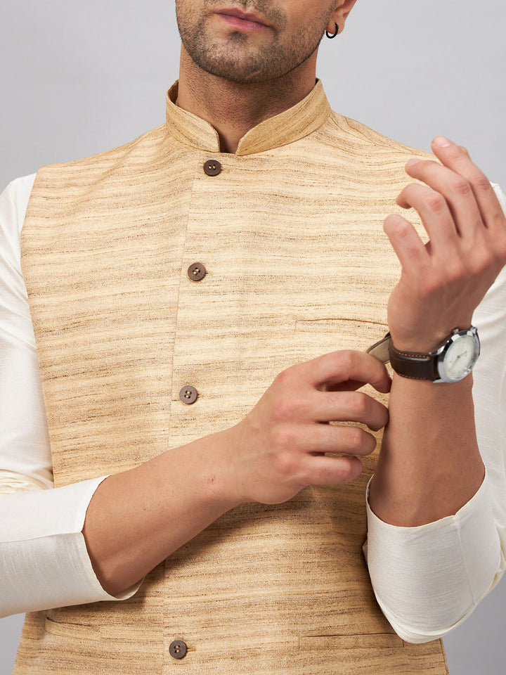 Sarvati Men's Beige Matka Silk Nehru Jacket With Cream Silk Blend Kurta Pyjama Set