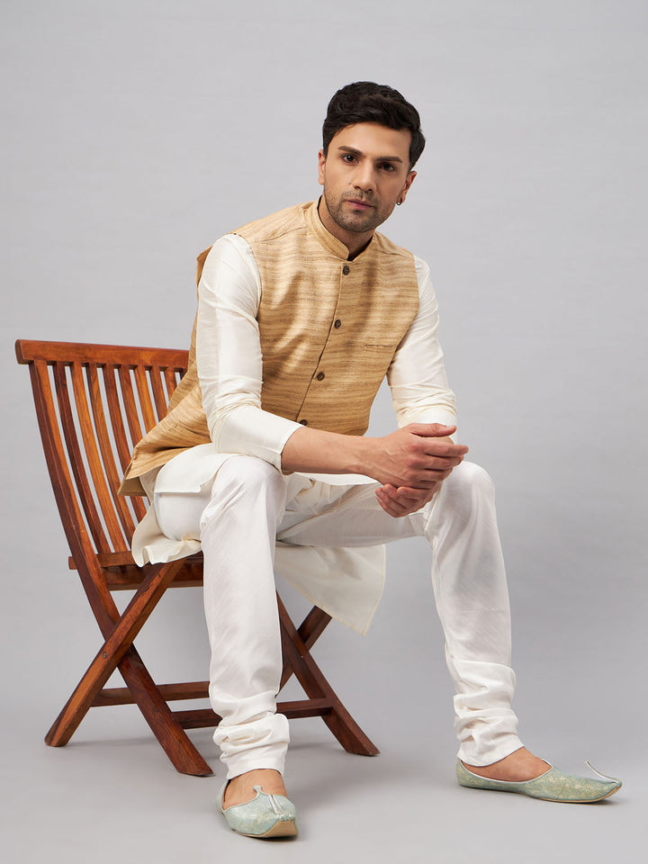 Sarvati Men's Beige Matka Silk Nehru Jacket With Cream Silk Blend Kurta Pyjama Set