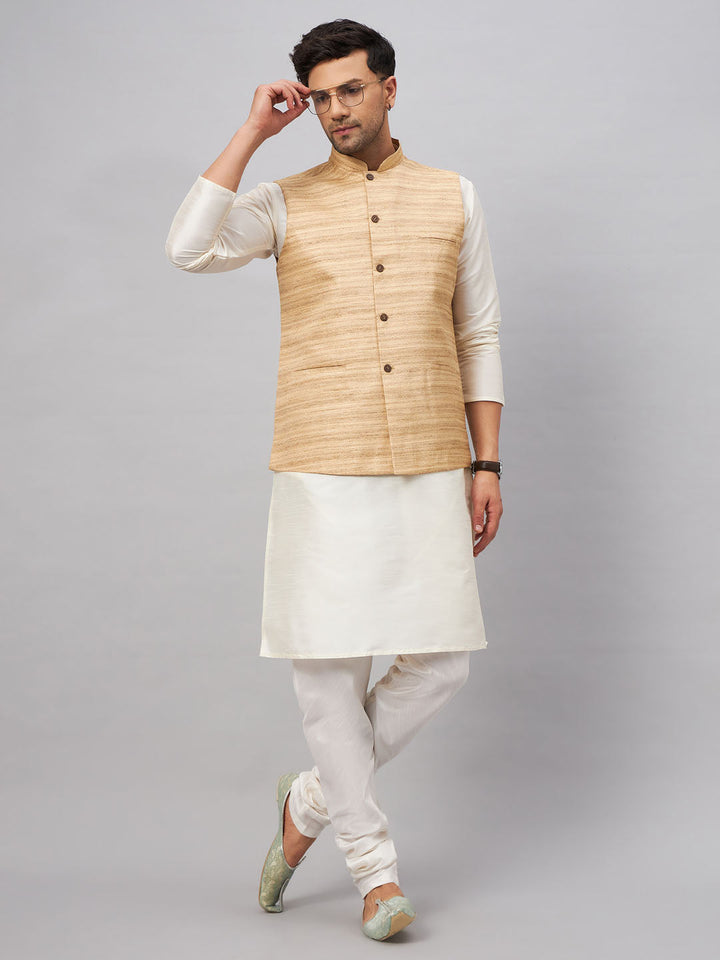 Sarvati Men's Beige Matka Silk Nehru Jacket With Cream Silk Blend Kurta Pyjama Set
