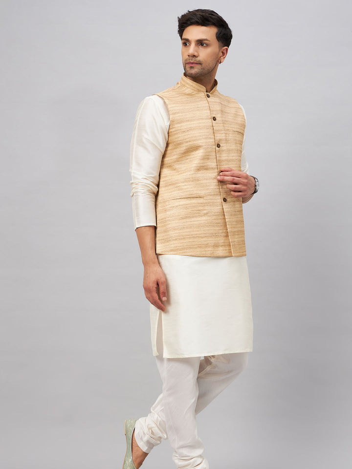 Sarvati Men's Beige Matka Silk Nehru Jacket With Cream Silk Blend Kurta Pyjama Set