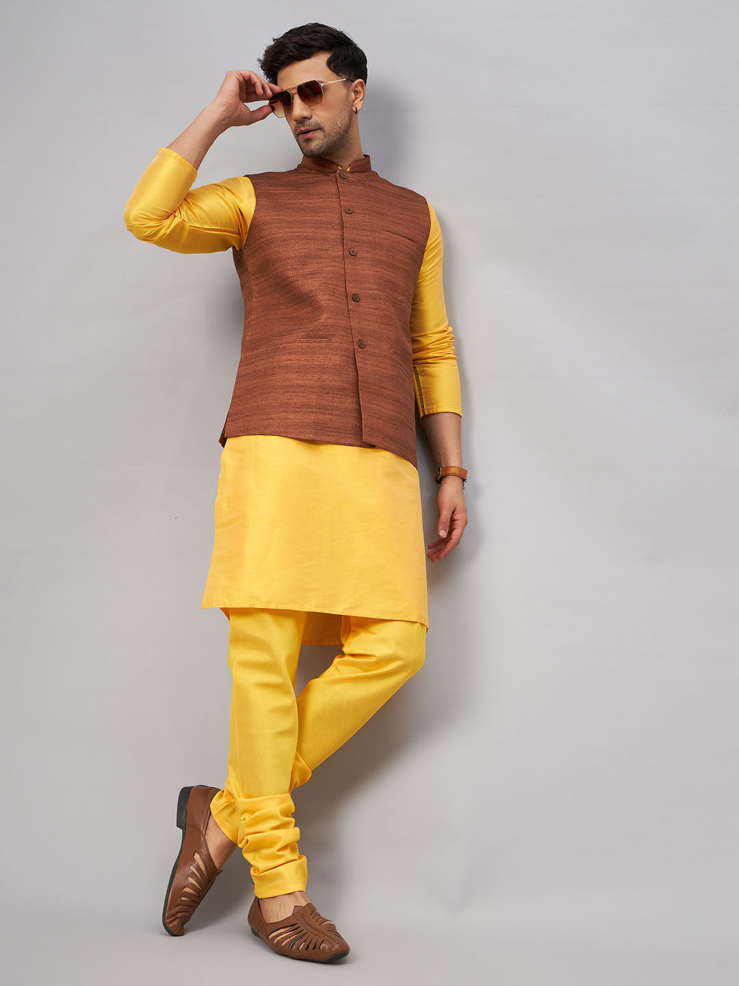 Sarvati Men's Coffee Jacket With Yellow Kurta And Pyjama Set