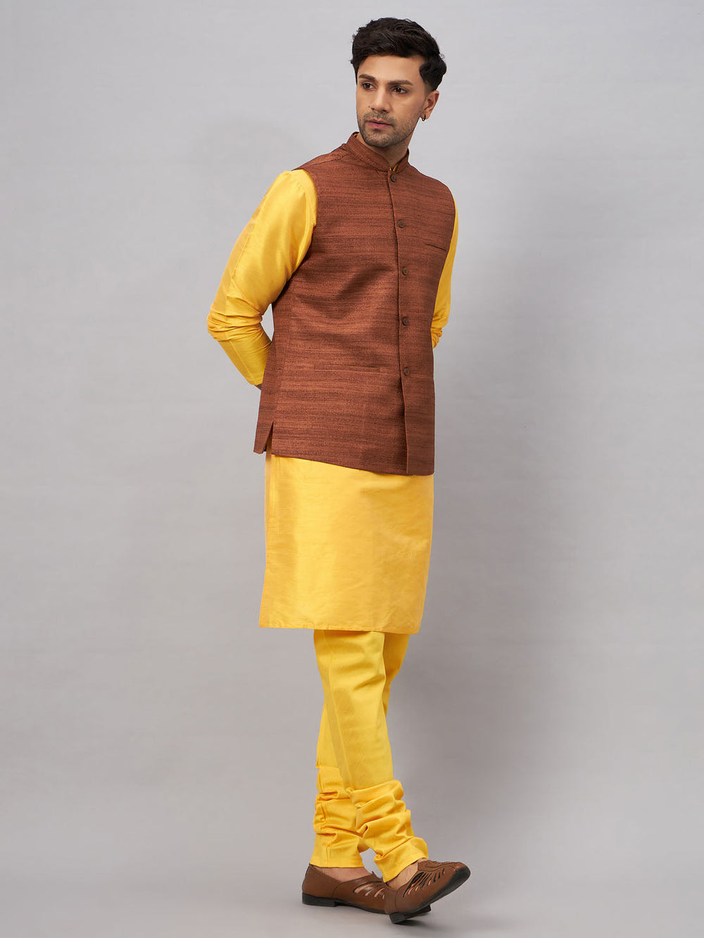 Sarvati Men's Coffee Jacket With Yellow Kurta And Pyjama Set
