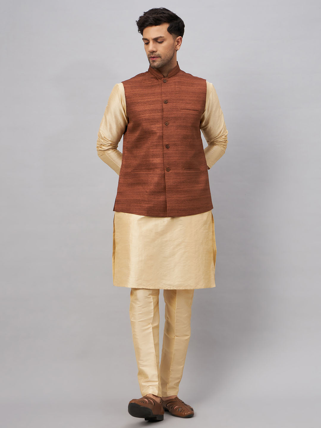 Sarvati Men's Coffee Jacket With Gold Kurta And Pant Set