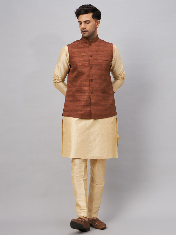 Sarvati Men's Coffee Jacket With Gold Kurta And Pant Set