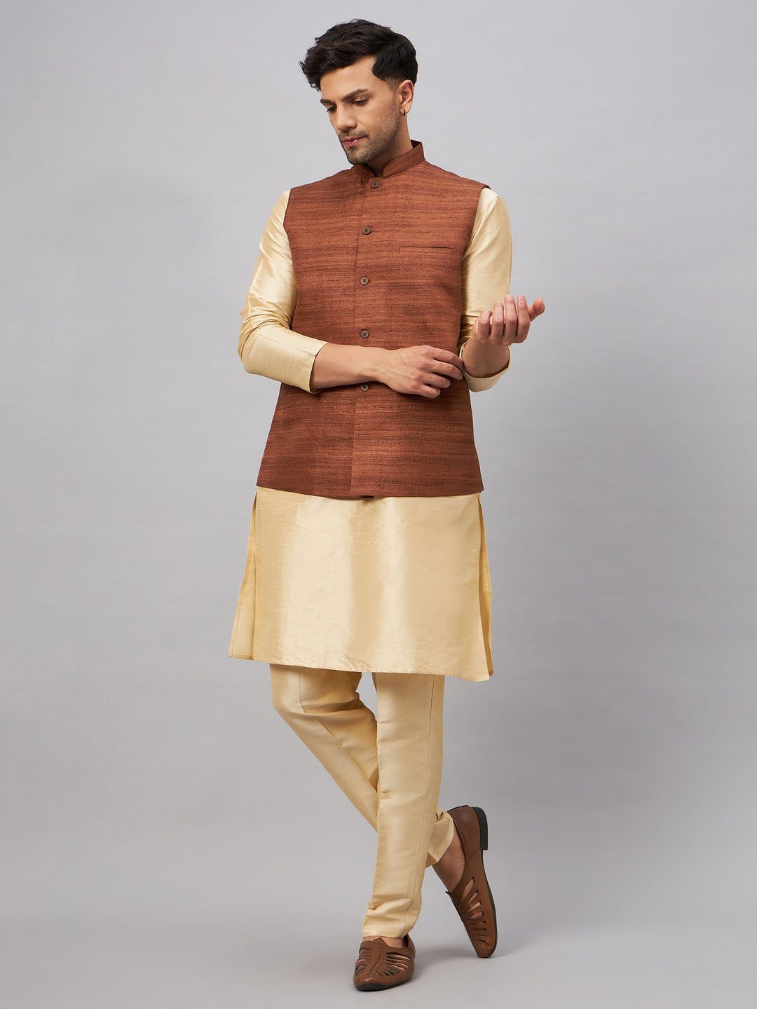 Sarvati Men's Coffee Jacket With Gold Kurta And Pant Set