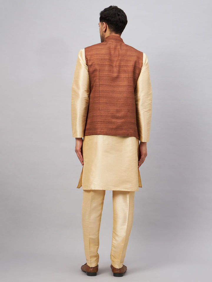 Sarvati Men's Coffee Jacket With Gold Kurta And Pant Set