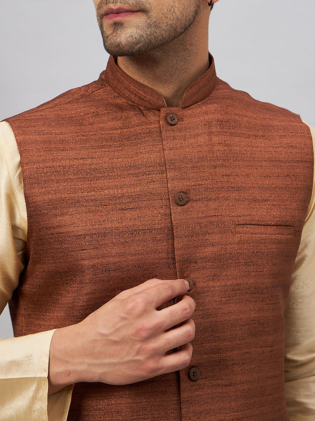 Sarvati Men's Coffee Jacket With Gold Kurta And Pant Set