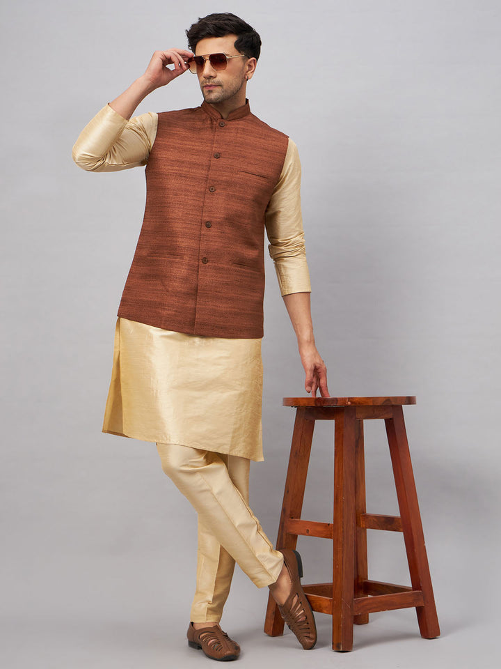 Sarvati Men's Coffee Jacket With Gold Kurta And Pant Set