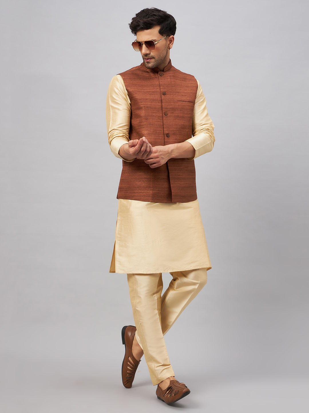 Sarvati Men's Coffee Jacket With Gold Kurta And Pant Set