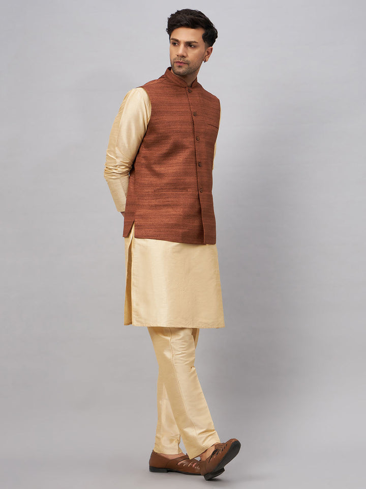 Sarvati Men's Coffee Jacket With Gold Kurta And Pant Set