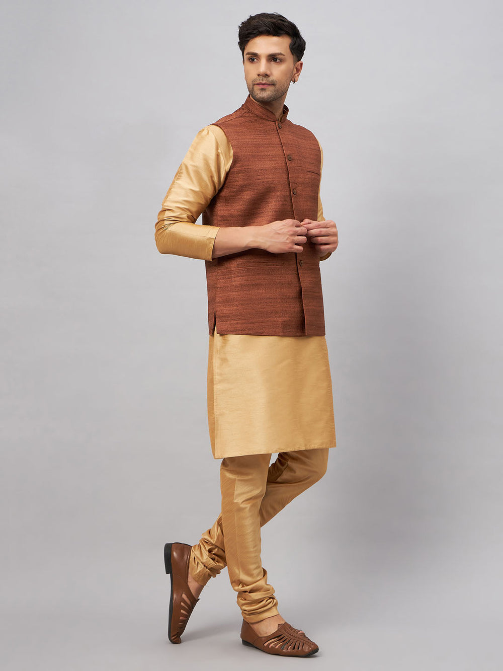 Sarvati Men's Coffee Jacket With Rose Gold Kurta And Pyjama Set