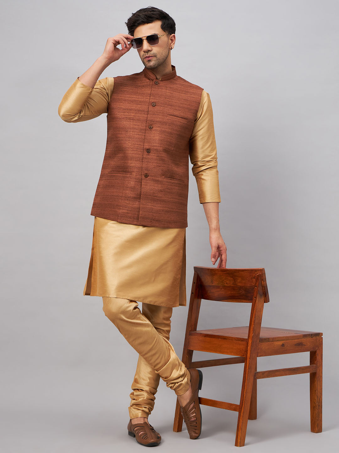 Sarvati Men's Coffee Jacket With Rose Gold Kurta And Pyjama Set