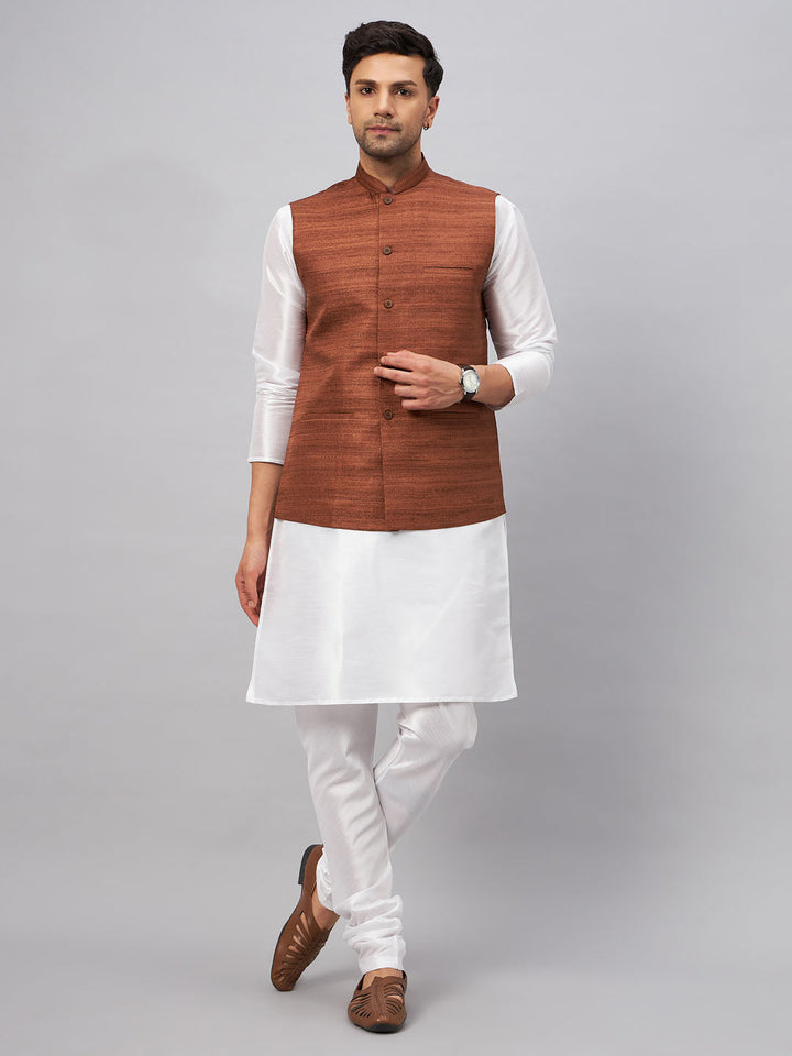 Sarvati Men's Coffee Matka Silk Nehru Jacket With White Silk Blend Kurta Pyjama Set