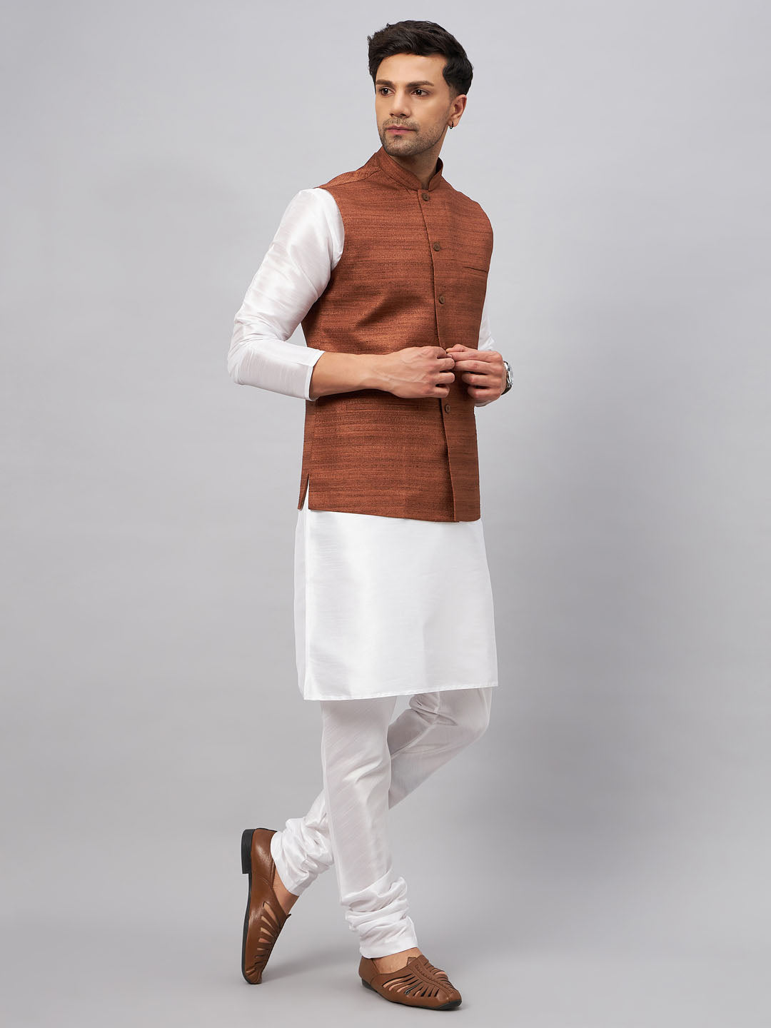 Sarvati Men's Coffee Matka Silk Nehru Jacket With White Silk Blend Kurta Pyjama Set