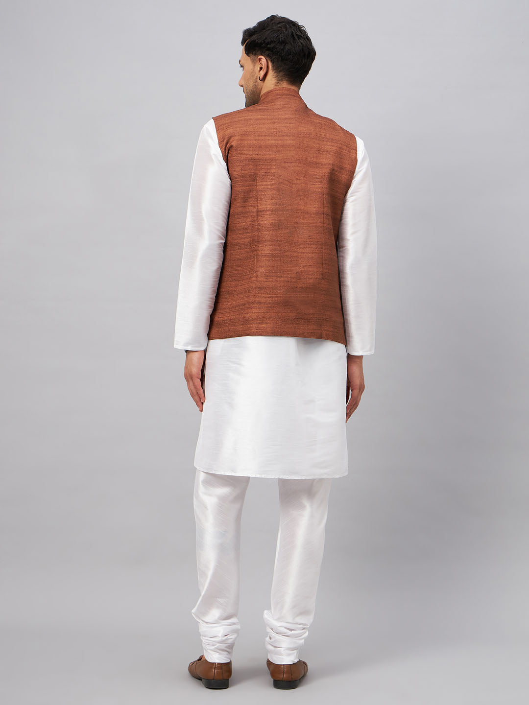 Sarvati Men's Coffee Matka Silk Nehru Jacket With White Silk Blend Kurta Pyjama Set