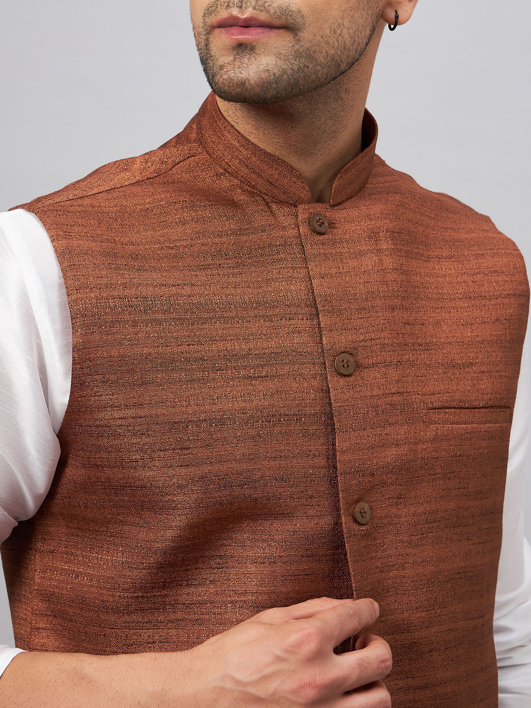 Sarvati Men's Coffee Matka Silk Nehru Jacket With White Silk Blend Kurta Pyjama Set