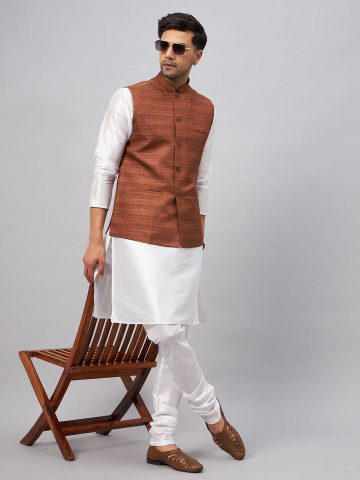 Sarvati Men's Coffee Matka Silk Nehru Jacket With White Silk Blend Kurta Pyjama Set