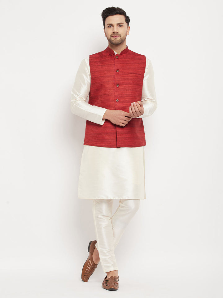 Sarvati Men's Maroon Matka Silk Nehru Jacket With Cream Silk Blend Kurta and Pant style Pyjama Set