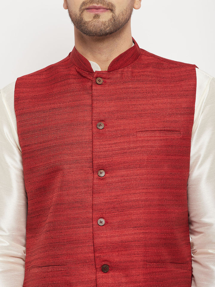 Sarvati Men's Maroon Matka Silk Nehru Jacket With Cream Silk Blend Kurta and Pant style Pyjama Set