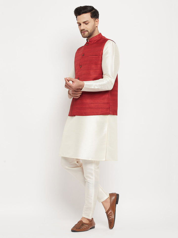 Sarvati Men's Maroon Matka Silk Nehru Jacket With Cream Silk Blend Kurta and Pant style Pyjama Set