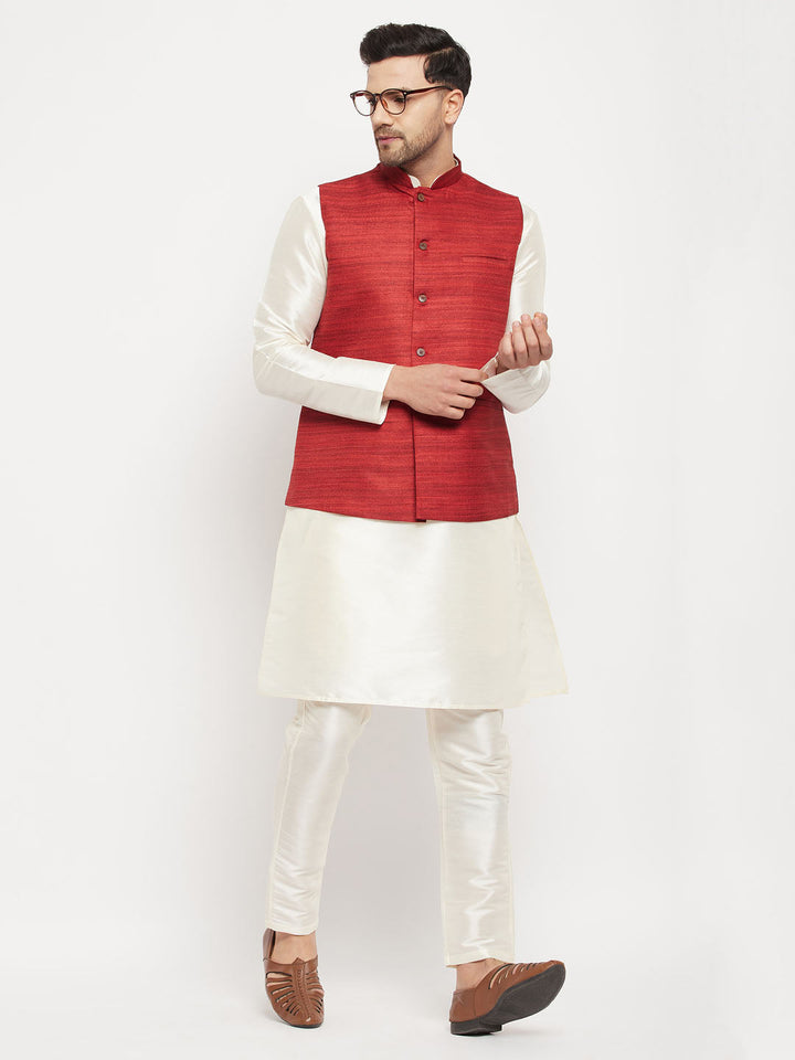 Sarvati Men's Maroon Matka Silk Nehru Jacket With Cream Silk Blend Kurta and Pant style Pyjama Set