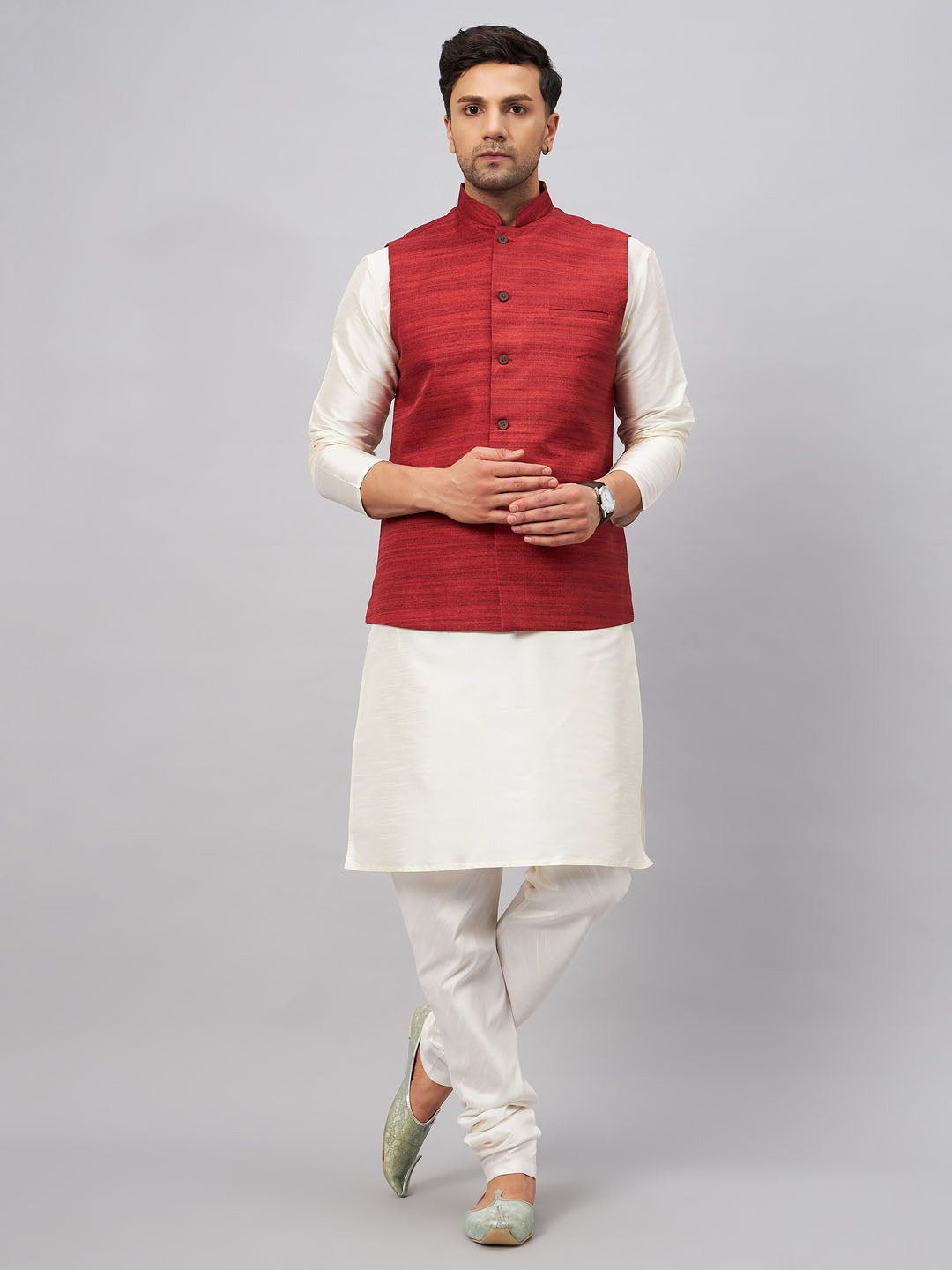 Sarvati Men's Maroon Matka Silk Nehru Jacket With Cream Silk Blend Kurta Pyjama Set