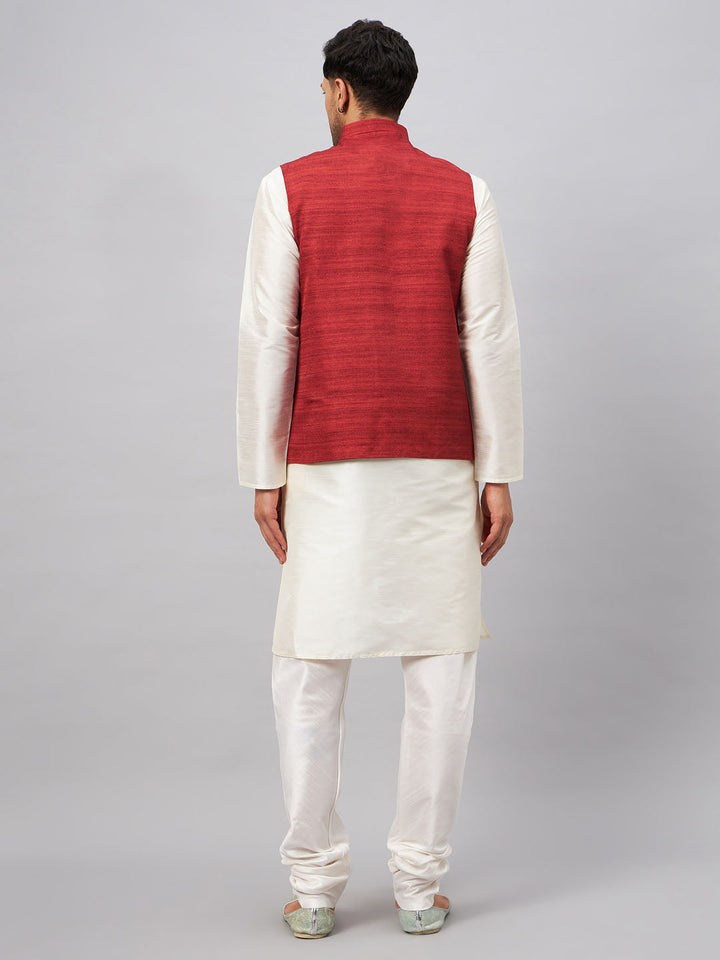 Sarvati Men's Maroon Matka Silk Nehru Jacket With Cream Silk Blend Kurta Pyjama Set